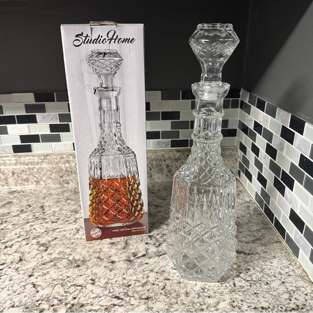 Brand New Clear Glass Decanter with Geometric Cut Patterns